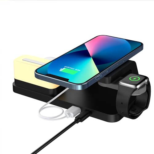 IHAO 6in1Digital Alarm Clock with Wireless Charging Station Night Light 15W Fast Charging for Qi Phone Headphone Bracket for iWatch Charger LED Display Dimmable Brightness-HT309 Black - color: Wireless Charger Alarm Clock Ht309 Black