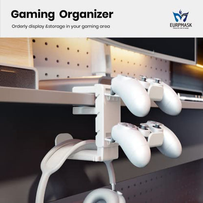 EURPMASK 3-in-1 Rotating Headphone Stand w/2 Detachable Controller Holders | Adjustable Clamp-on Headset Holder Hanger,360°Swivel,Gaming Headset Hanger,Cable Organizer,Keep Headphones Secure&Desk Tidy - color: White Pro