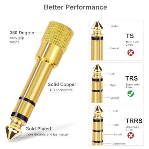 Aqdocvf 5-Pack 3.5mm to 1/4" Adapter, Gold Plated Headphone Jack Adapters | 1/4" to 3.5mm Adapter, Stereo Audio Headphone Adapters for Aux Cable, Headphones, Piano, Drums, Guitar Amplifier - color: gold-plated