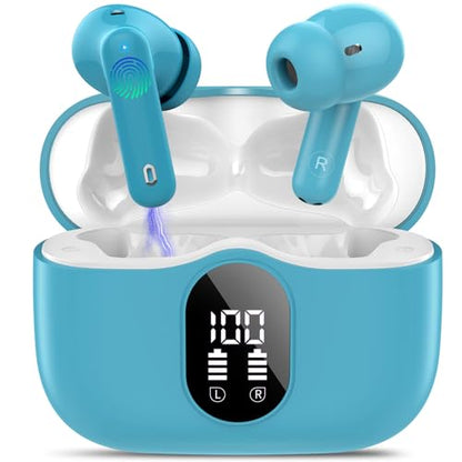 Wireless Earbuds, Bluetooth 5.4 Headphones Bass Stereo/ENC Mic, Ice Blue | Ear Buds with Noise Cancelling Mic LED Display, 36H, IP7 Waterproof in Ear Earphones for Laptop Pad Phones Sports Workout - color: Ice Blue