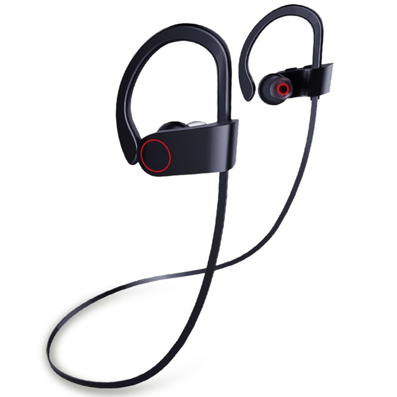 IPX7 Waterproof Wireless Headset Sports Bass Wireless Bluetooth 5.0 Earphones Hanging Ear with Microphone (Black) - color: Black