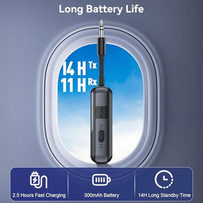 Bluetooth 5.3 Transmitter Adapter for Airplane 2-in-1 Wireless Bluetooth Audio Transmitter Receiver for 3.5mm Aux Jacks on Flight/TV/Gym Equipment, for up to 2 Wireless Headphones, Cell Phones (black)