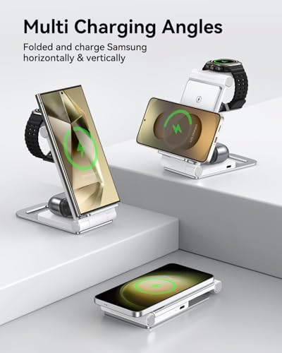 Wireless Charger for Samsung, 3 in 1 Wireless Charging Station Foldable | Stand for Galaxy S26 S25 Ultra Plus FE S24 S23 S22 S21 S20 Z Flip/Z Fold/Note Series, Galaxy Watch 9/8/7/6/5/4/3, Galaxy Buds - color: White Grey