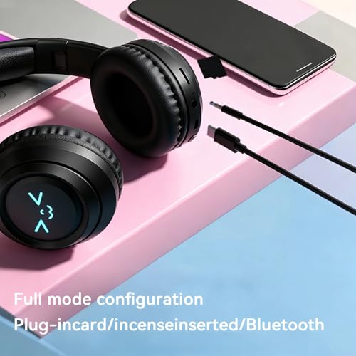Cat-Ear Wireless Headphones Bluetooth 5.3 Over the Ear Headphones with RGB Light Built-in Mic Foldable Fashionable Stereo Headset Support TF Card for Gaming Travel PC Phone iPad（Matte Black） - color: Matte Black