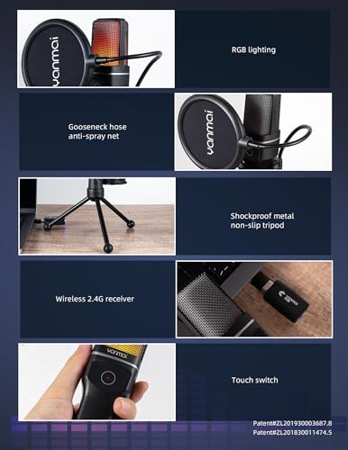 2.4G Wireless Gaming Microphone for PC, Mac & Phone, ANC Noise Cancelling Condenser Mic with RGB Light, Gooseneck Tripod, 18H Battery, Plug & Play Mic for Singing, Streaming, Podcasting