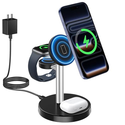 Aeinidi 2026 3 in 1 Wireless Charging Station Compatible with MagSafe Charger Stand, 15W Fast Magnetic Mag-Safe Charger for iPhone 17 16 15 14 13 12 Series Apple iWatch AirPods Pro 4 3 2 - color: Matte Silver Black