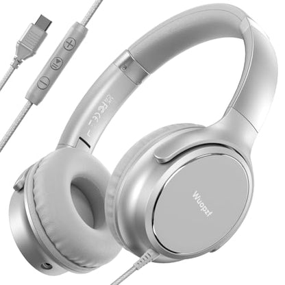 USB C Wired Over-Ear Headphones with Microphone | Volume Control, Share Port, Adjustable Headband Foldable Stereo Headset for Adult/Teens for iPhone 16, Laptop, Gaming, Travel - color: Silver