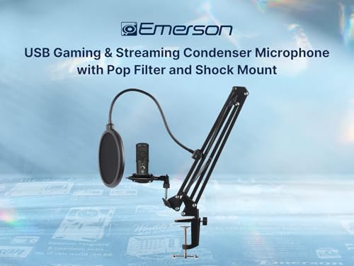 Emerson EAM-9051 USB Gaming & Streaming Condenser Microphone with Pop Filter, Shock Mount, Cardioid Pickup Pattern, and Plug-and-Play Setup – Perfect for Gamers, Streamers, and Podcasters