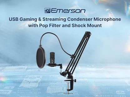 Emerson EAM-9051 USB Gaming & Streaming Condenser Microphone with Pop Filter, Shock Mount, Cardioid Pickup Pattern, and Plug-and-Play Setup – Perfect for Gamers, Streamers, and Podcasters