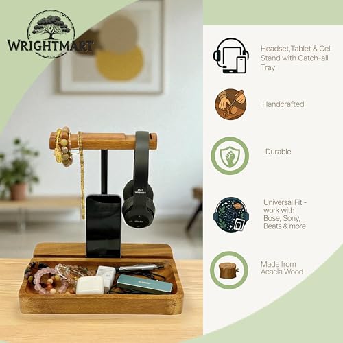 Dual Headphone Stand, Acacia Wood Holder for 2 Headsets, Phone & Tablet | Solid 1.5 in thick acacia wood dual headphone holder & device slot stand with tray for phone & tablet, office desk organizer - style: Dual Headphone Stand