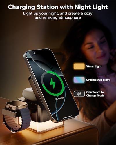 for iPhone Nightstand Charging Station, 15W 3 in 1 Wireless Phone Charger Stand with Night Lamp, Charging Dock for MagSafe, Foldable Cube, for iPhone 17/16/15/14/13/12, iWatch/AirPods, Gray - color: Gray