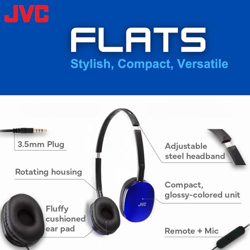 JVC Blue Flat Foldable Colorful Flats On Ear Headphones with Remote and Microphone, 3.94 Foot Gold Plated 3.5mm Slim Plug - HAS160MA, Adjustable - color: Blue, style: Mic and Remote