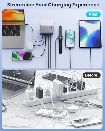 USB C Charger 200W USB Charging Block,6 Ports Foldable Wall Charger Outlet Plug,QC4.0 Fast Charging Station Hub,PD 65W Laptop Adapter for MacBook Pro/Air,Dell,iPhone 17/16/15,Galaxy (Black)