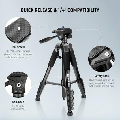 NEEWER BASICS Camera Tripod, 71'' Tripod with Cell Phone Holder Mount Compatible with iPhone for Video Recording, Professional Aluminum Lightweight Portable Travel Stand with 3 Way Pan Tilt Head, TP55 - style: TP55