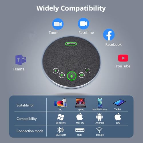 TONGVEO Bluetooth Speakerphone Conference Microphones, Wireless Conference Speaker 360°Voice Pick up with 4 AI Noise Cancellation Mics USB/Dongle/Bluetooth Connection 8 Hour Call Time for 8-12 People - color: Gray