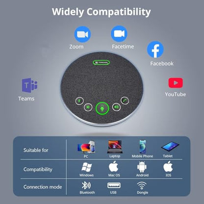 TONGVEO Bluetooth Speakerphone Conference Microphones, Wireless Conference Speaker 360°Voice Pick up with 4 AI Noise Cancellation Mics USB/Dongle/Bluetooth Connection 8 Hour Call Time for 8-12 People - color: Gray