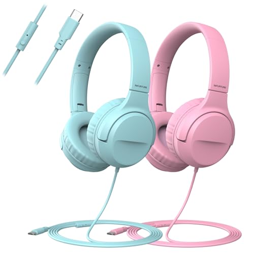 Wired Headphones with Mic, Type C Headphones, Volume Control Type-C, On-Ear with Wire for Laptop、Phone, Wired Headphone Over Ear (Green+Pink)