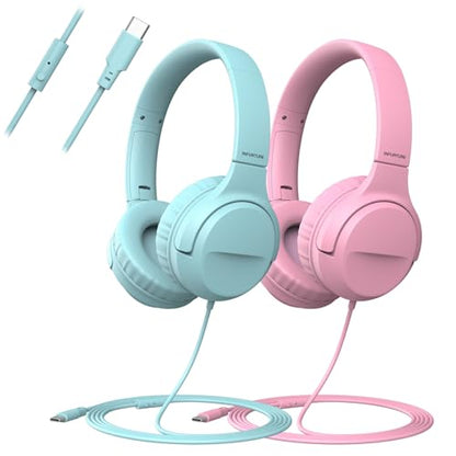 Wired Headphones with Mic, Type C Headphones, Volume Control Type-C, On-Ear with Wire for Laptop、Phone, Wired Headphone Over Ear (Green+Pink)
