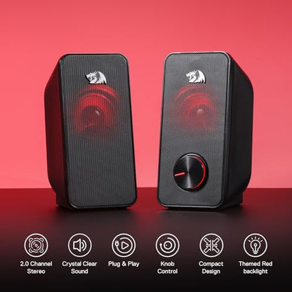 Redragon GS500 PC Gaming Speakers 2.0 Channel Stereo Enhanced Sound | Decent Red Backlight, Quality Bass, Crystal Clear Sound, Plug & Play USB Powered Desktop Computer Speaker