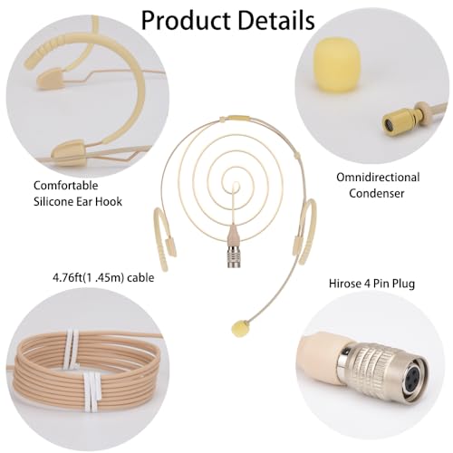 YXG Headworn Earset Over Ear Hanging Mic Beige Low Profile Light-Weight Microphone Compatible with Audio-Technica Wireless System Bodypack Transmitter, with Hirose 4 Pin Plug