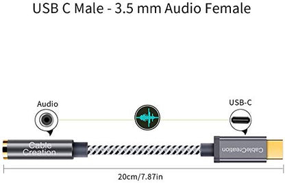 CableCreation USB C to 3.5mm Audio Adapter,0.33FT USBC to Headphone Adapter | USB C to Aux 24bit/96kHz HiFi DAC Cable for iPhone 16 15 Pro Max/15 Pro/15 Plus, iPad, Galaxy S24 S23 Ultra, Pixel 9 - style: USB C+3.5mm Audio (1-Port)