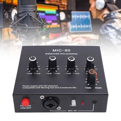 Balanced Microphone Preamp, 48V Power Mic Gain Booster with XLR/6.35mm/3.5mm Input Output for Dynamic and Condenser Mic, 60dB Gain, Low Noise, for Vocal Recording Podcast L