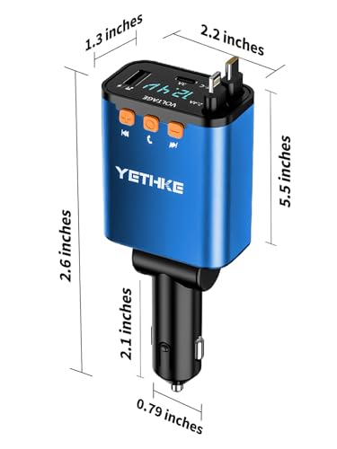 Bluetooth Car Adapter with Retractable Charger,[Upgrade] Bluetooth 5.4 FM Transmitter for Cars, 4 in 1 Fast Car Charger 69W, Handsfree Call, 2*Retractable Cable for iPhone 17/16/15/14, Galaxy-Blue - color: Blue