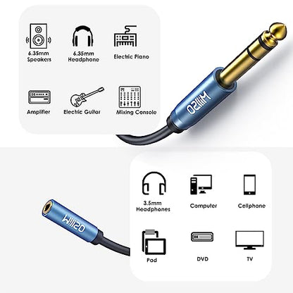 1/4 to 3.5mm Headphone Adapter TRS 6.35mm 1/4 Male to 1/8 Female | Stereo Audio Jack Adapter for Amplifiers, Guitar, Keyboard Piano, Home Theater, Mixing Console, Headphones - 12 inch / 30 CM - color: Blue, size: 1 FT