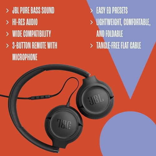 JBL Tune 530C - Wired On-Ear Headphones - Black | JBL Pure Bass Sound, Hi-Res Audio, Wide compatibility, 3-button remote with microphone, Easy EQ presets - color: Black