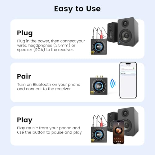 1Mii B06T3+ Bluetooth Receiver with LDAC for Home Stereo, Wired Speakers | Hi-Res Wireless Audio Adapter with aptX Low Latency & HD, Knob Volume Control, RCA/3.5mm AUX for Music Streaming