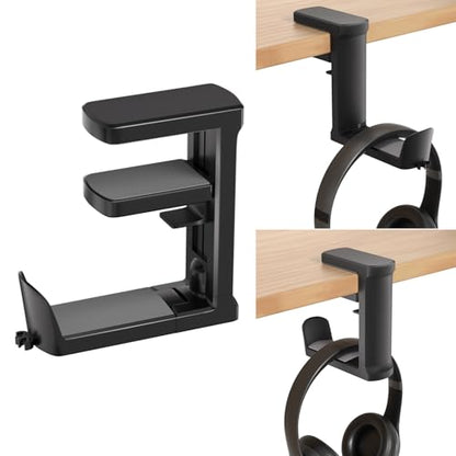 Headphone Holder Adjustable Clamp-on Headphone Hook | Under Desk Gaming Headset Holder Mount Hook with Rotating Clamp (Black) - color: Black