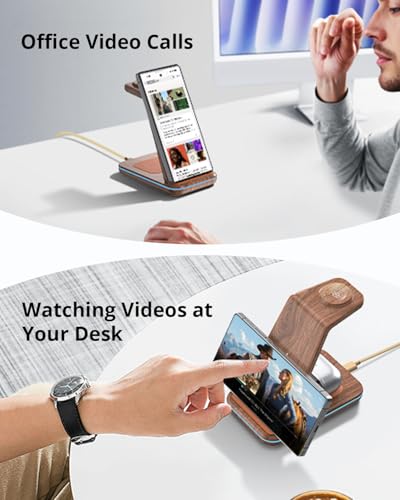 3 in 1 Wireless Charger for Samsung: JoyGeek Charging Station for S26/S25/S24/S23/S22/S21/S20/Note20/Z Fold&Flip, Galaxy Watch8/7/6/5/4/3/Active2/1, Buds 3 Pro - color: Woodgrain