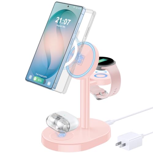Hevanto 3 in 1 Wireless Charger for Samsung Galaxy, 15W Magnetic Super Fast Charging Station for MagSafe Samsung Galaxy S26 Ultra S25 S24 S23 Z Fold Flip 8 Watch 8 7 Buds,Pink Not for Watch 9/Ultra 2 - color: Pink