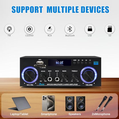 AK50 Bluetooth 5.0 Audio Amplifier 400W 2 Channel Stereo Receiver | with FM, Echo, AUX, USB, SD, MIC Inputs,for Passive Speakers and Active subwoofer - color: black-AK50