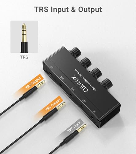 4-Way 3.5mm Headphone Amplifier with Independent Volume Control, 16-300 Ohm, Aluminum Case Stereo Audio Splitter Box for Headphone, Speaker, and Laptop-5V DC Power Supply
