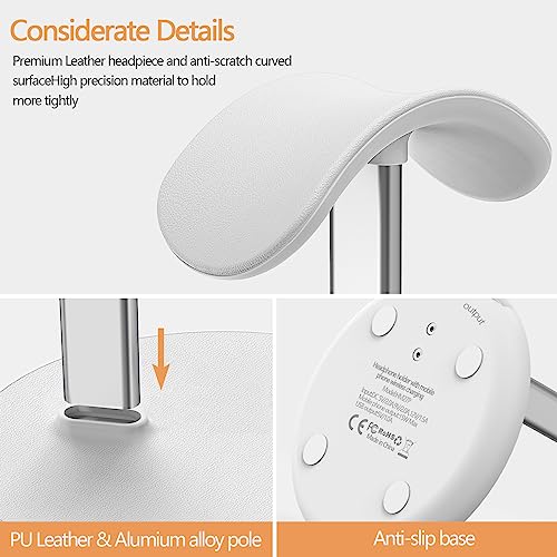 Hiwe Headphone Stand with Wireless Charger, Gaming Headset Holder for Desk | 2 in 1 Charging Station for iPhone, Samsung, AirPods and Desk All Headphones, Aluminum Support Rod, Heavy Base Stand, White - color: White