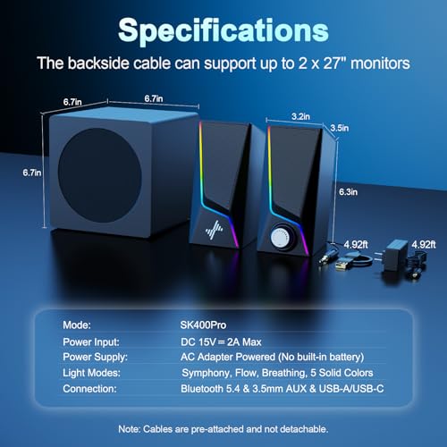 Nylavee Computer Speakers with Subwoofer, 2.1 PC Speakers, Bluetooth 5.4 | 8 Lighting Modes, 60W Peak Power, AC Adapter Powered with USB/USB-C and 3.5mm AUX Inputs for Desktop PCs and Monitors
