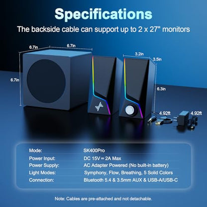 Nylavee Computer Speakers with Subwoofer, 2.1 PC Speakers, Bluetooth 5.4 | 8 Lighting Modes, 60W Peak Power, AC Adapter Powered with USB/USB-C and 3.5mm AUX Inputs for Desktop PCs and Monitors