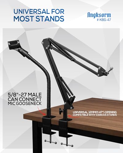 KBG-47 Metal Mic Desk Clamp, 12mm Socket, 5/8-27 and 3/8-16 Threads | Microphone Table Clamp, 12mm Mounting Socket, Dual Thread Connector, Gooseneck and Scissor Arm Desk Base - size: KBG-47 Desk Clamp