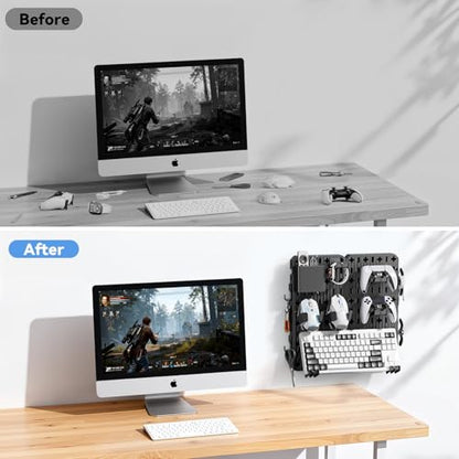 KDD Keyboard and Mouse Display Stand Holder, Wall Mount Office Organization Pegboard Combination Kit with Pen holder, Hooks, Headset & Controller Stand for Office & Home Hanging Organizer Storage