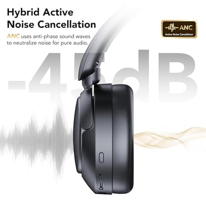 Hybrid Active Noise Cancelling Bluetooth Headphones, Wireless Over Ear Headphones with Bluetooth 5.4, 80H Playtime, Stereo Sound, 6 ENC Clear Call Mic, Low Latency for Travel Office Workout