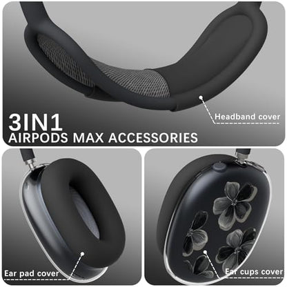 Joyland 3 in 1 Case for AirPods Max Headphones,Anti-Scratch Ear Pad Covers/Ear Cups,Black Flowers Soft TPU Ear Cups Cover for AirPods Max (2020 Lightning/2024 USB-C)-Clear Black - color: B-Black Flowers