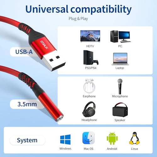 USB to 3.5mm Jack Audio Adapter (2-Pack), External Sound Card Converter，STSAUX USB-A to 3.5mm TRRS 4-Pole Mic Female with PC Windows, Laptop, Mac, Desktops, Linux, Plug and Play No Drivers Needed