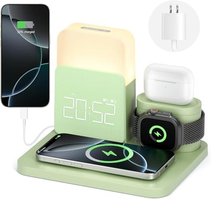 7 in 1 Charging Station for iPhone, Wireless Charging Station, Alarm Clock, Night Light, Wireless Charger for iPhone 17 16 15 14 13 12 Pro Max & Apple Watch - Charging Stand Dock for AirPods(Green) - color: Green