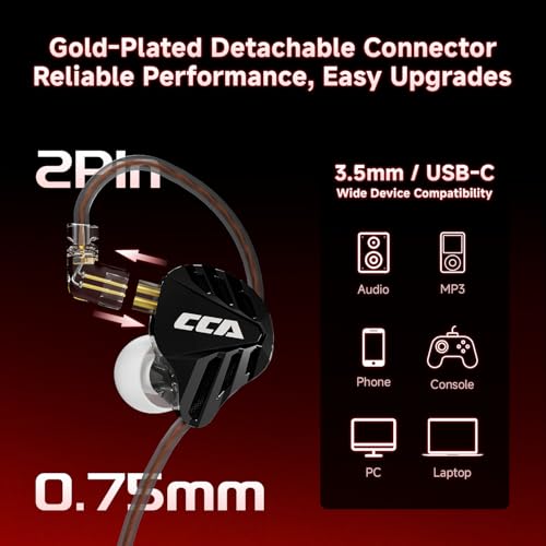 CCA Falcon 2 DD in Ear Monitor, Immersive Stereo Gaming Earbuds, HiFi Noise Isolating in Ear Headphones, Crystal Clear & Deep Bass IEMs for Gamers Singers Musicians Audio Engineers - color: Black