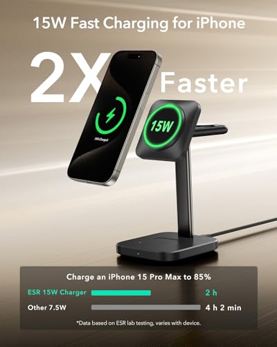 ESR 3 in 1 Wireless Charging Station, Magsafe Charger for iPhone 17-12 | 15W MagSafe Charger Stand for iPhone, Wireless Charger for Multiple Devices iPhone 17-12&Apple Watch&AirPods, Black
