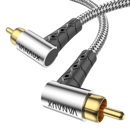 VANAUX Subwoofer Cable Double 90 Degree RCA to RCA Audio Stereo Cable Male to Male 24K Gold Plated Connector Nylon Braided Double Shielded Clean Sounding Signal Silver/10ft/3m - color: Double 90°Design RCA, size: Silver-10FT/3M