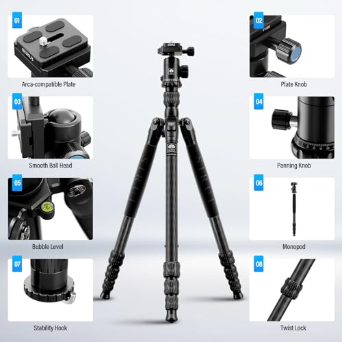SIRUI Traveler 7C Camera Tripod 65.55 inches Carbon Fiber Arca Tripod with E-10 360° Panorama Ball Head and Arca Swiss Quick Release Plate Load Capacity Up to 17.6lbs, Convertible to Monopod | 17.6LB Load, Arca Swiss QR Plate, Converts To Monopod, DSLR, M