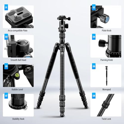 SIRUI Traveler 7C Camera Tripod 65.55 inches Carbon Fiber Arca Tripod with E-10 360° Panorama Ball Head and Arca Swiss Quick Release Plate Load Capacity Up to 17.6lbs, Convertible to Monopod | 17.6LB Load, Arca Swiss QR Plate, Converts To Monopod, DSLR, M