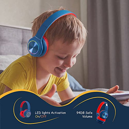 PowerLocus PLED Kids Bluetooth Headphones, Kids Wireless Headphones with LED Lights, 74/85/94dB Safe Volume, Micro SD, AUX Cable, Hi-Fi Stereo, Built-in Mic Over Ear Kid Headphone for Travel/Tablet/PC - color: Blue/Red